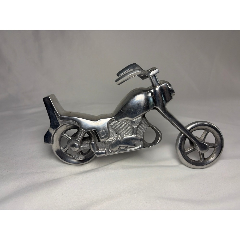 Vintage Cast Aluminum Motorcycle Chopper Figurine Silver Metal Bike Decor India - Picture 2 of 5